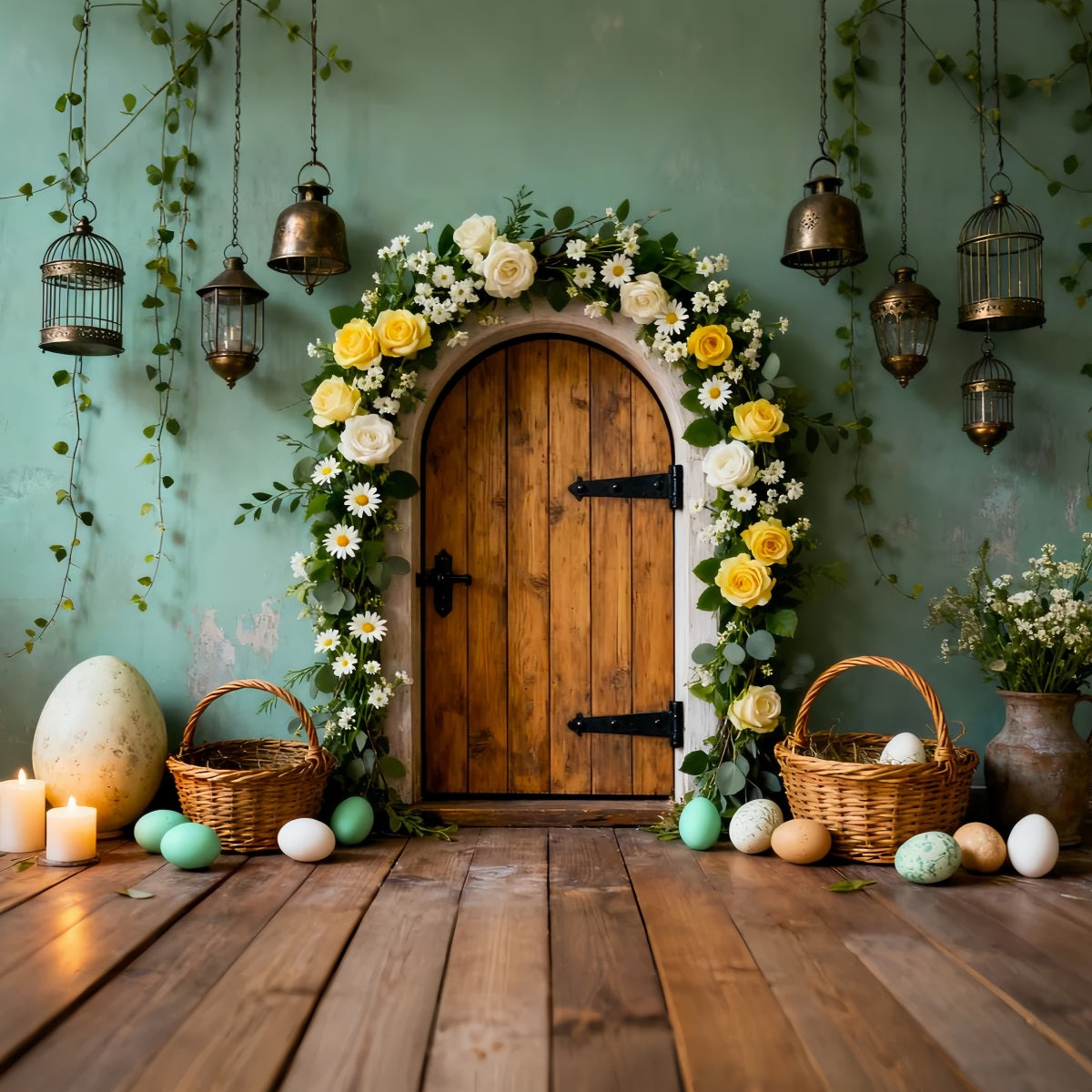 Easter Egg Photo Backdrop Wooden Door Floral Arch My First Easter Backdrop UK LXX61-82