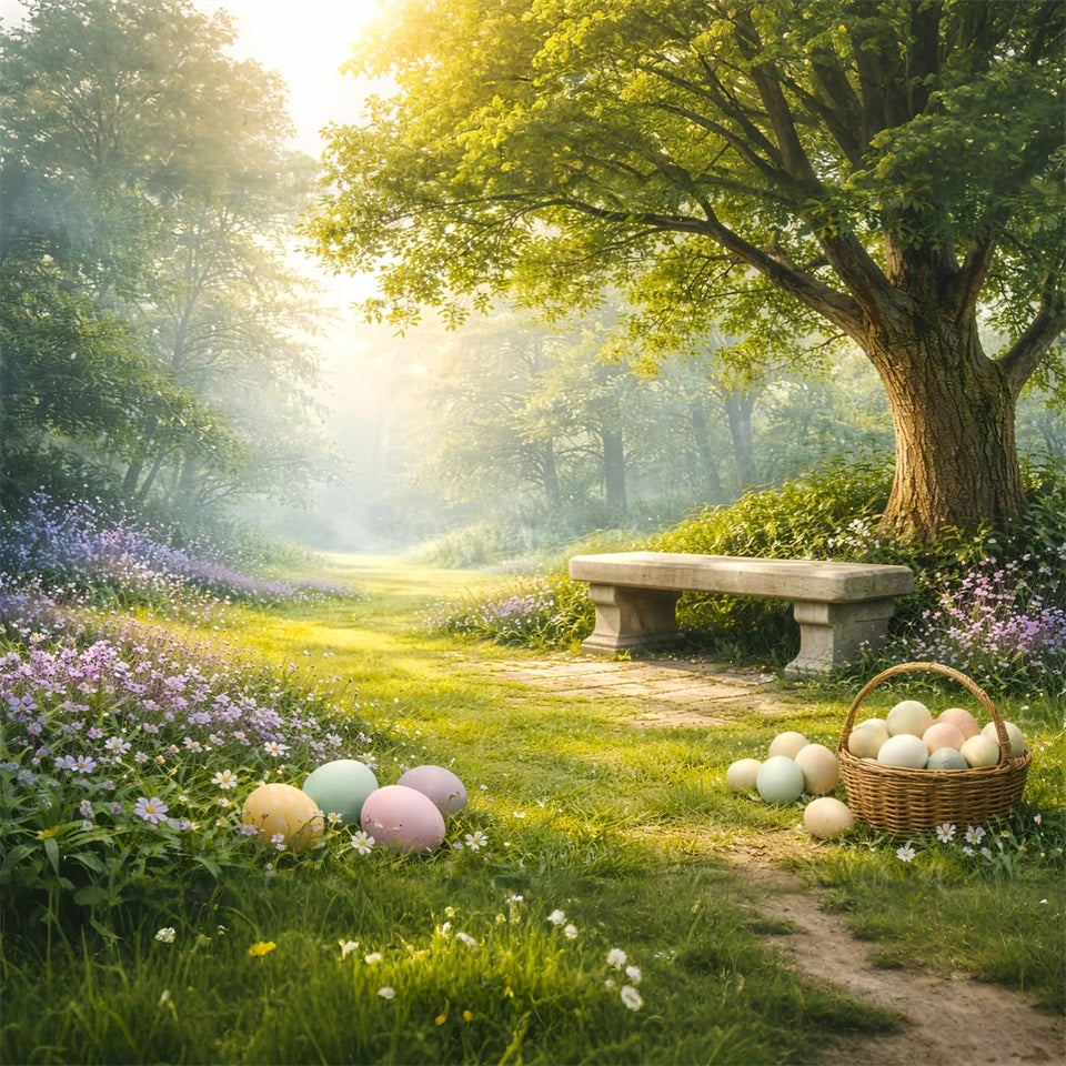 Rustic Easter Backdrop Sunlit Forest Meadow Bench Outdoor Easter Backdrops UK LXX61-83