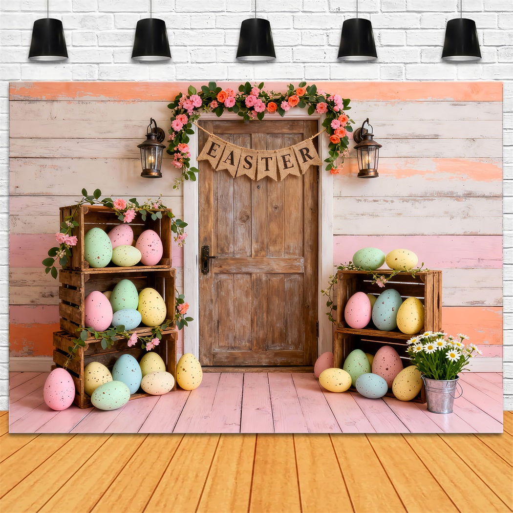 Easter Eggs Backdrop Pastel Crate Wooden Door Easter Party Backdrop UK LXX61-84