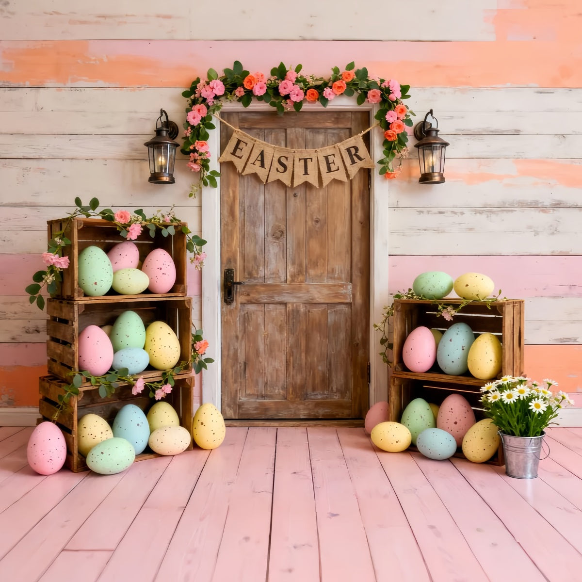 Easter Eggs Backdrop Pastel Crate Wooden Door Easter Party Backdrop UK LXX61-84