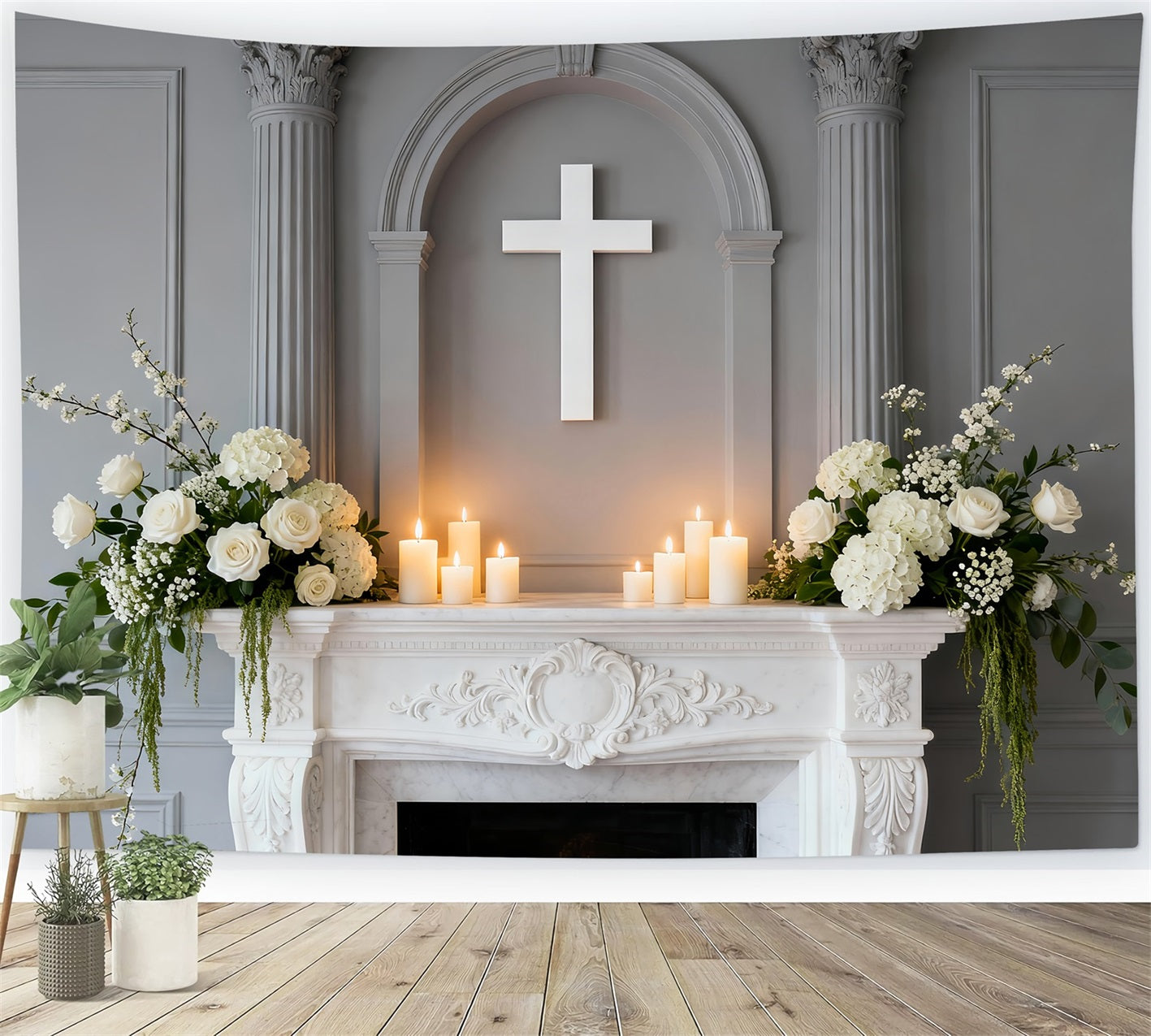 Church Backdrop For Easter Elegant Altar White Cross Photography Backdrops For Easter UK LXX61-89
