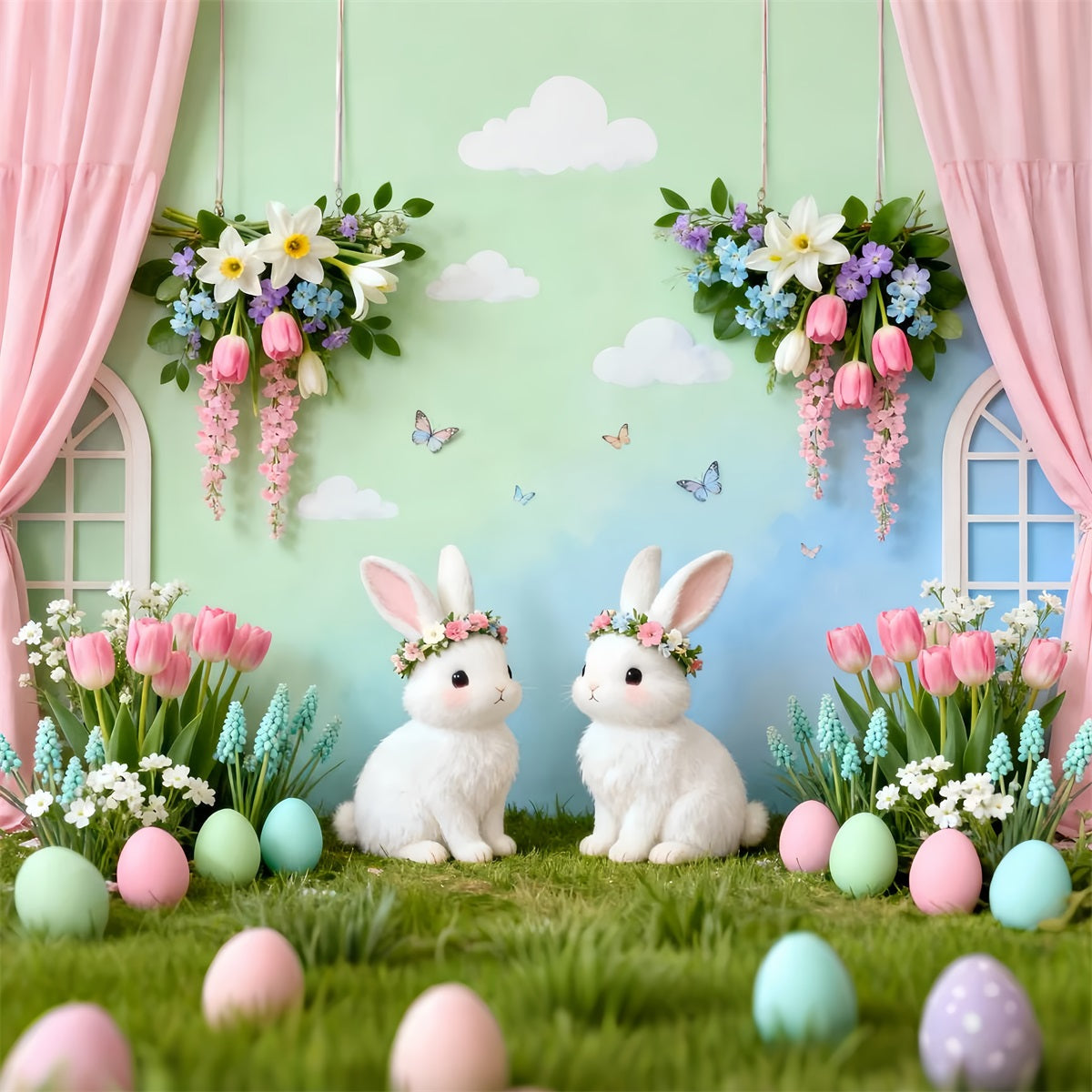 Rabbit Backdrop Twin Bunnies Floral Garden Easter Backdrops UK LXX61-94