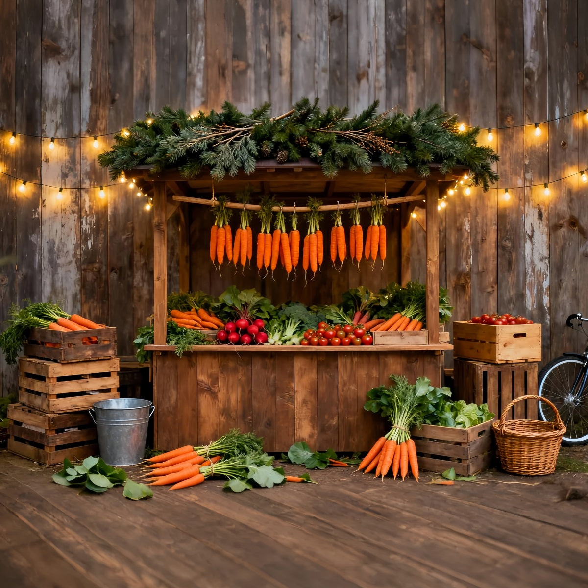 Carrot Backdrop Rustic Market Stall Fairy Lights Easter Photo Backdrops UK LXX61-97