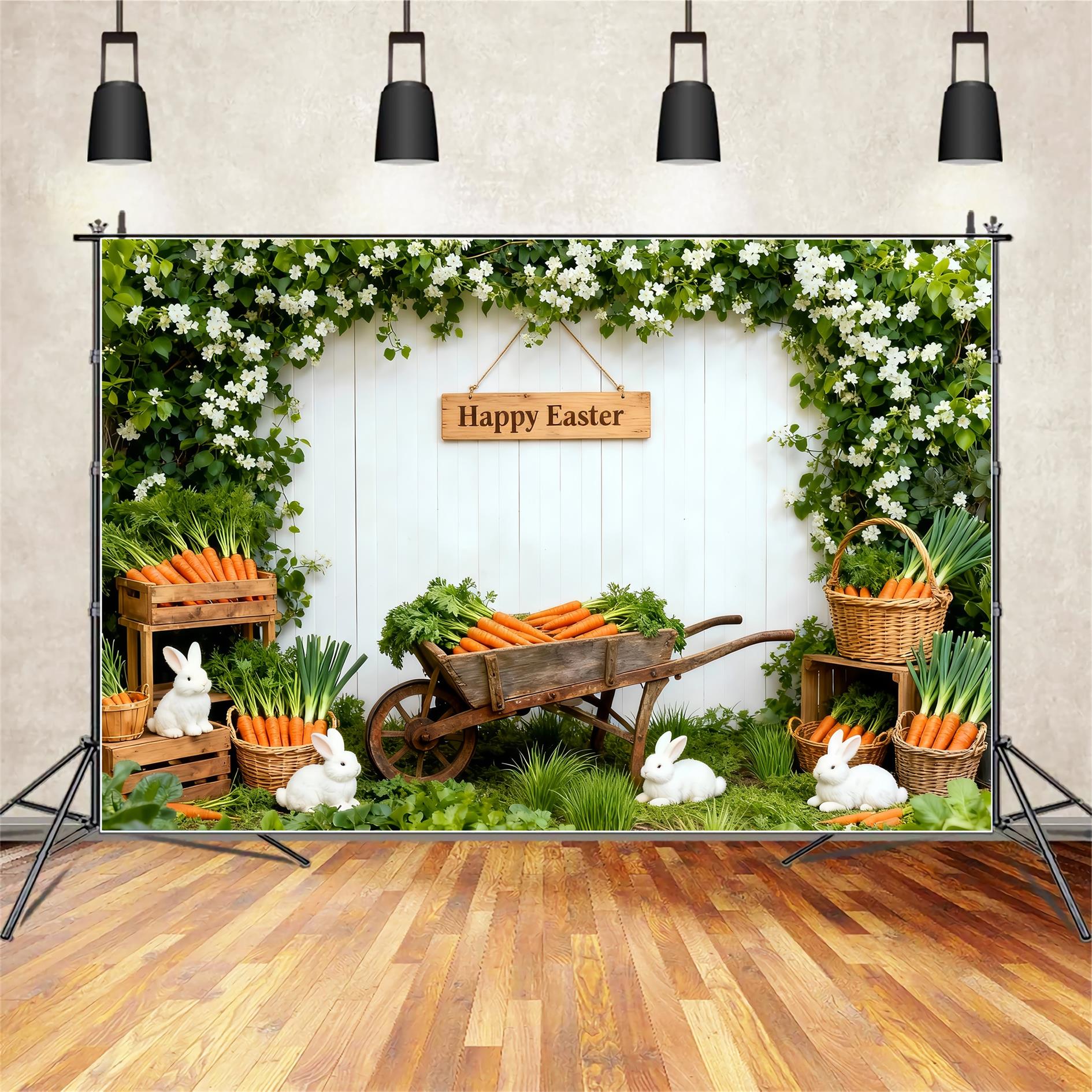 Carrot Backdrop Spring Garden Wildflower Bunny Easter Photo Backdrops UK LXX61-99