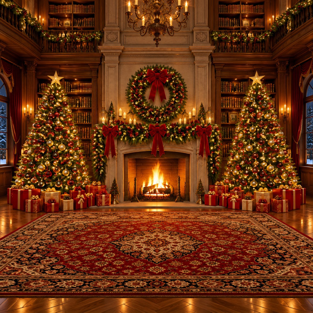 Christmas Backdrops for Photography Ornate Library Fireplace Wreath Christmas Fireplace Backdrop UK LXX610-151
