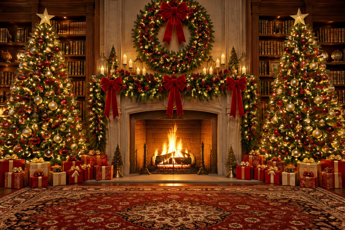 Christmas Backdrops for Photography Ornate Library Fireplace Wreath Christmas Fireplace Backdrop UK LXX610-151