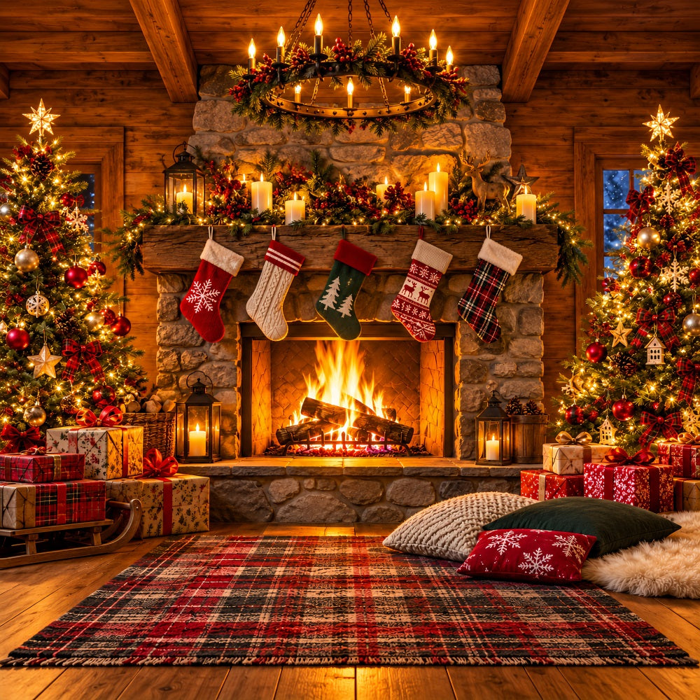 Christmas Fireplace Backdrop Rustic Room Stockings Christmas Backdrop for Photography UK LXX610-154