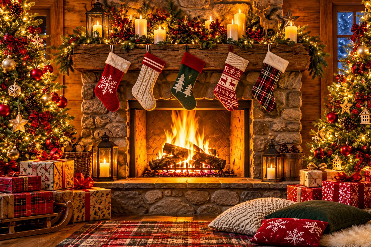 Christmas Fireplace Backdrop Rustic Room Stockings Christmas Backdrop for Photography UK LXX610-154