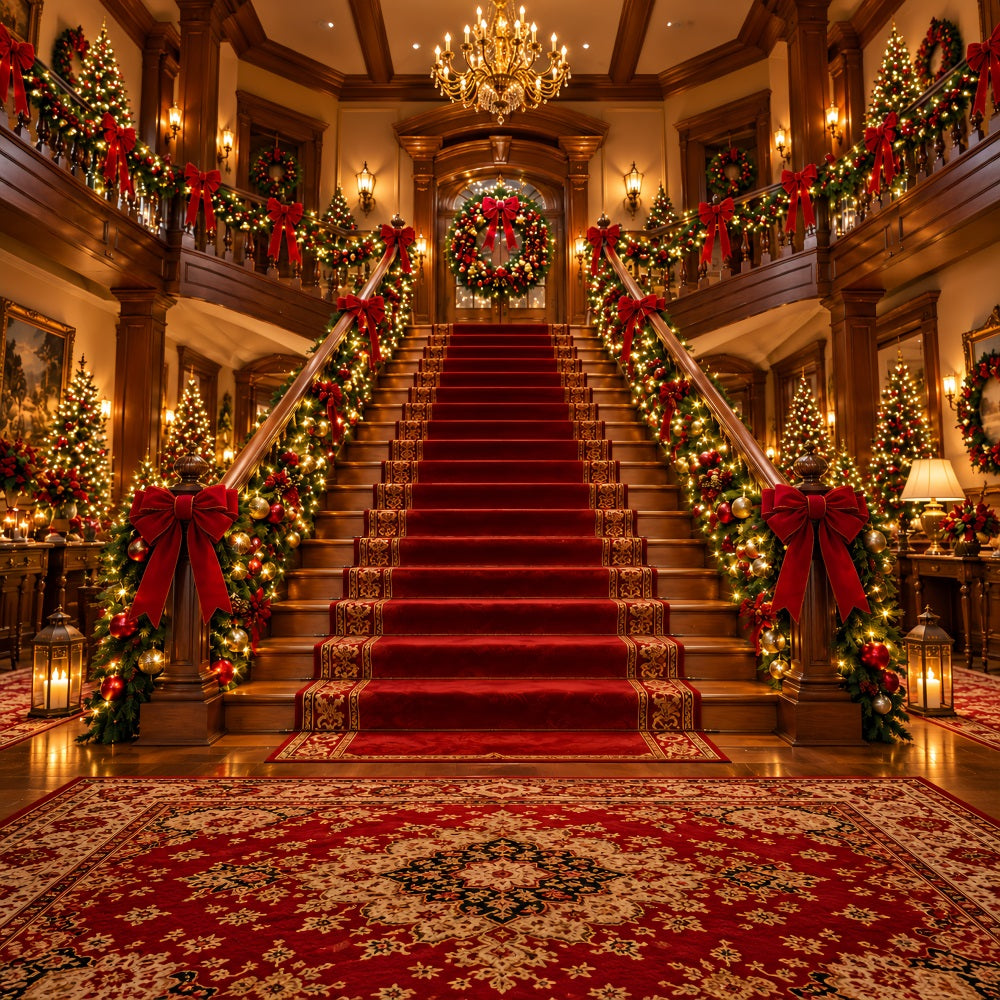 Christmas Scene Backdrop Grand Garland Hall Entrance Christmas Staircase Backdrop UK LXX610-155