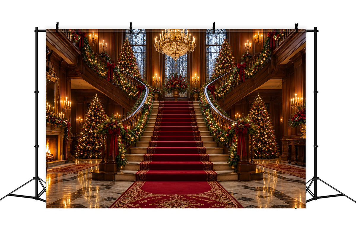 Living Room Christmas Backdrop Majestic Chandelier Staircase Hall Christmas Wall Backdrop UK LXX610-158