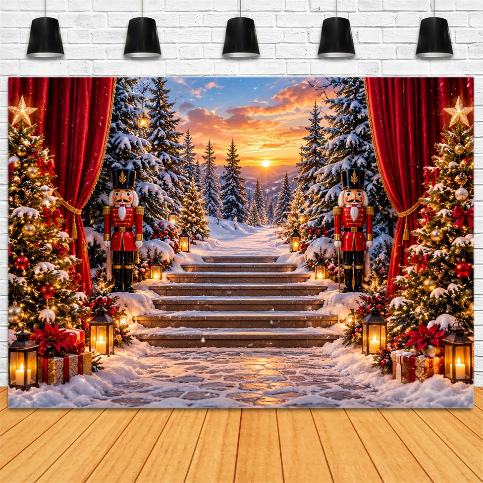Christmas Theme Backdrop Forest Sunset Snowy Staircase Nutcracker Backdrops UK LXX610-159