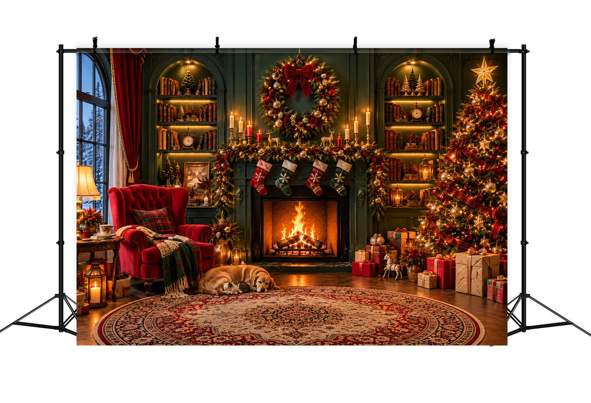Christmas Fireplace Backdrops Cozy Living Room Emerald Wall Christmas Scene Backdrop UK LXX610-160