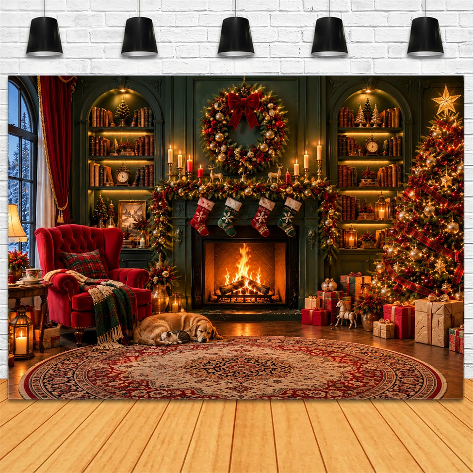 Christmas Fireplace Backdrops Cozy Living Room Emerald Wall Christmas Scene Backdrop UK LXX610-160