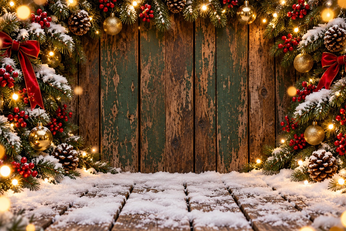 Christmas Backdrop Weathered Green Plank Garland Christmas Theme Backdrop UK LXX610-166
