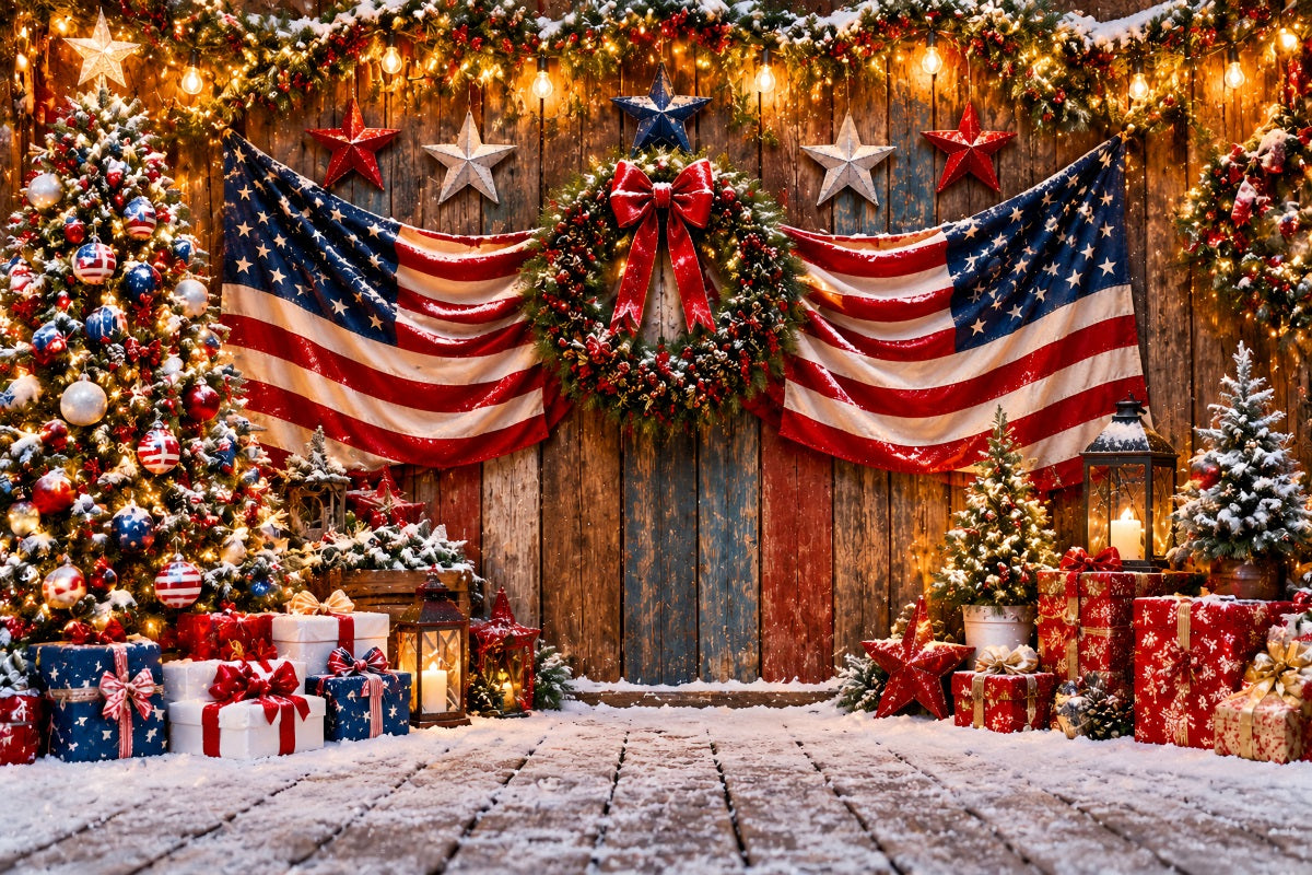 Country Christmas Backdrop Patriotic Flag Festive Doorway Christmas Tree Photography Backdrop UK LXX610-168