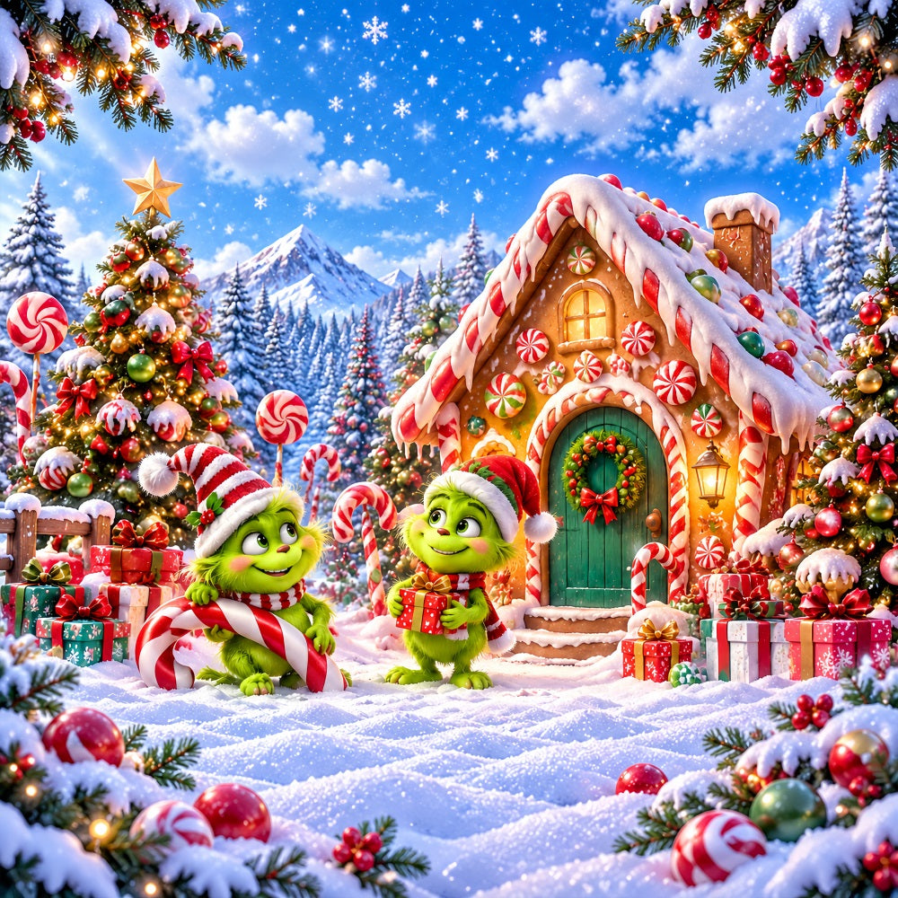 Grinch Backdrop Green Furry Candy Cottage Christmas Backdrops for Pictures UK LXX610-170