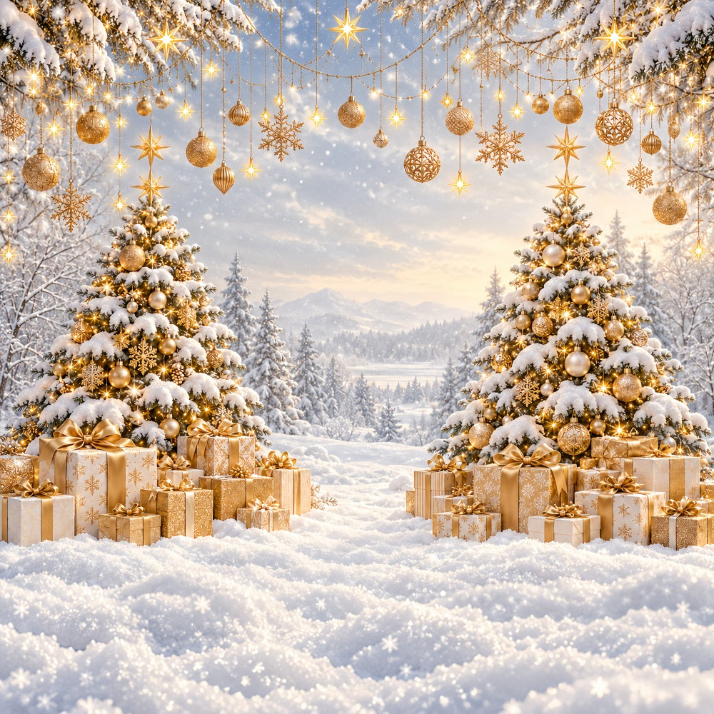 Christmas Backdrop for Photos Golden Sunset Snowy Forest Christmas Card Backdrop UK LXX610-171