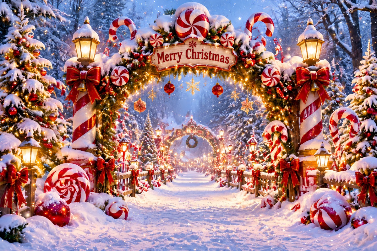 Christmas Candy Cane Backdrop Peppermint Wreath Snowy Gateway Christmas Backdrops for Stage UK LXX610-176