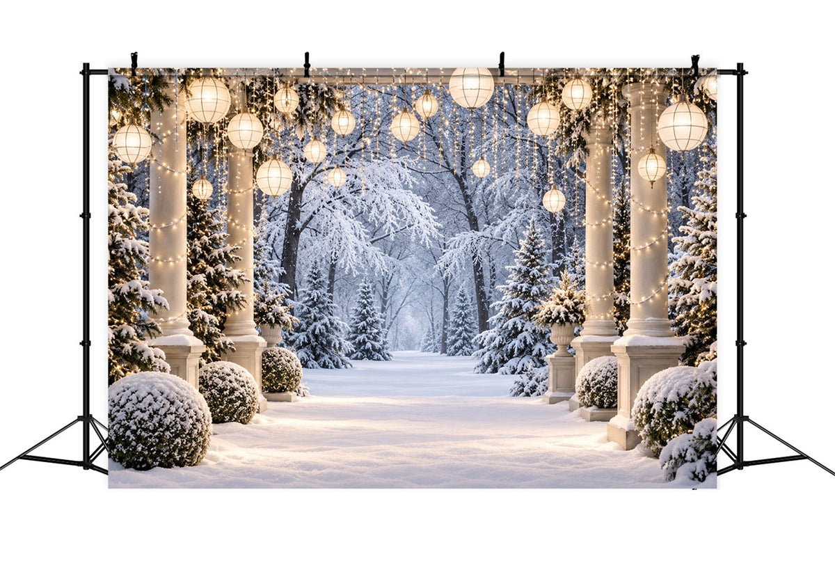 Christmas Forest Backdrop Snowy Lantern Column Walkway Christmas Portrait Backdrop UK LXX610-177