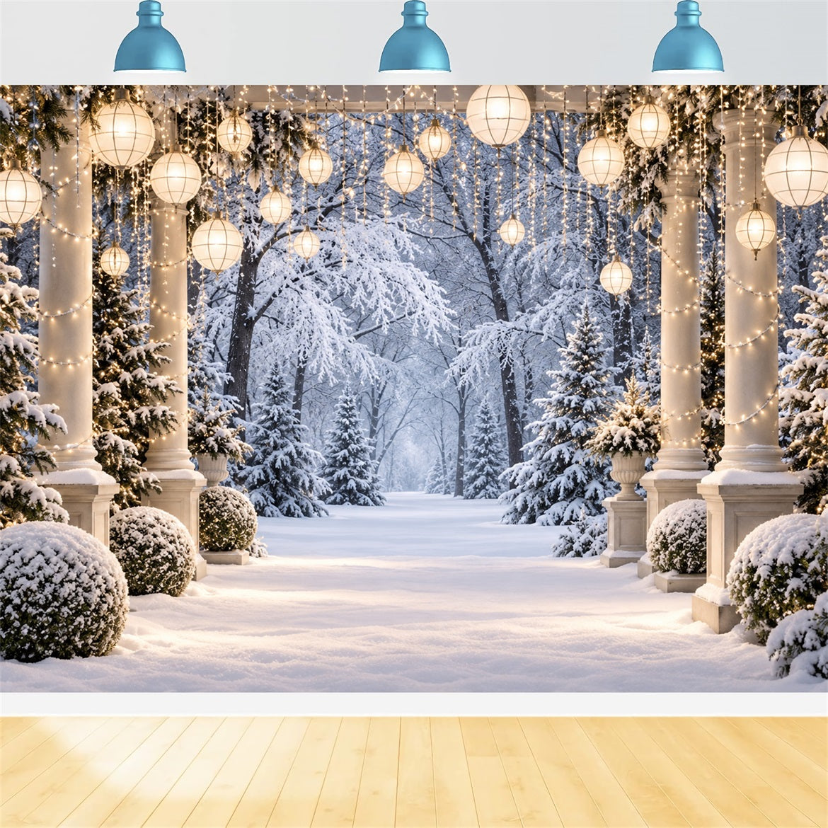 Christmas Forest Backdrop Snowy Lantern Column Walkway Christmas Portrait Backdrop UK LXX610-177