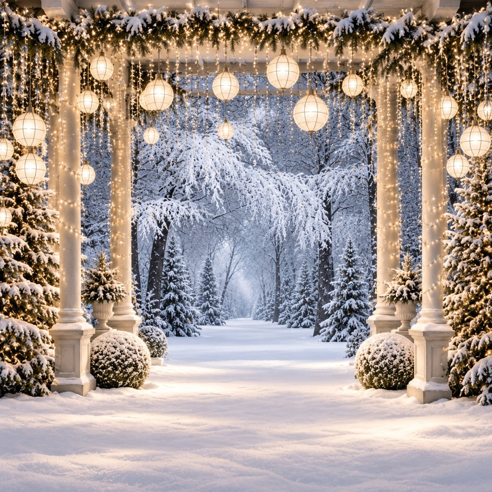 Christmas Forest Backdrop Snowy Lantern Column Walkway Christmas Portrait Backdrop UK LXX610-177