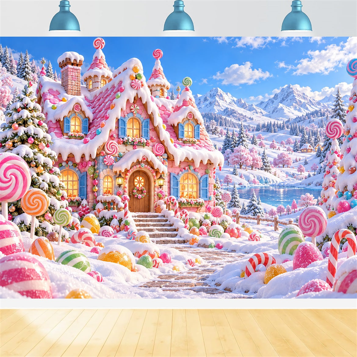 Gingerbread House Backdrop Pink Candy Cottage Wonderland Christmas Wall Backdrops UK LXX610-182