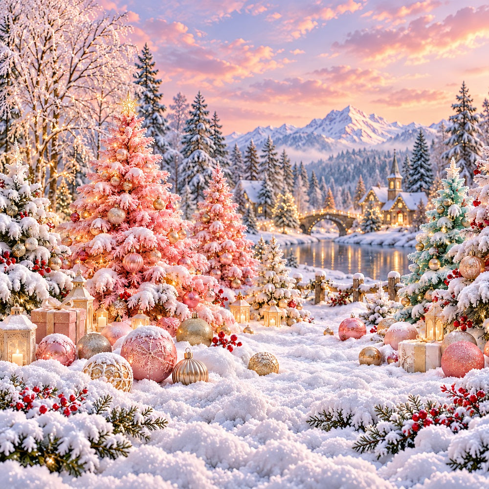 Christmas Tree Backdrops Blush Pink Snowy Village Christmas Stage Backdrop UK LXX610-185