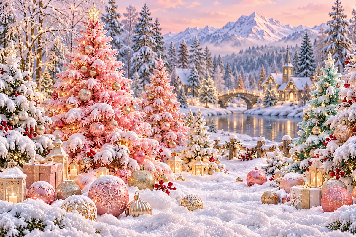 Christmas Tree Backdrops Blush Pink Snowy Village Christmas Stage Backdrop UK LXX610-185