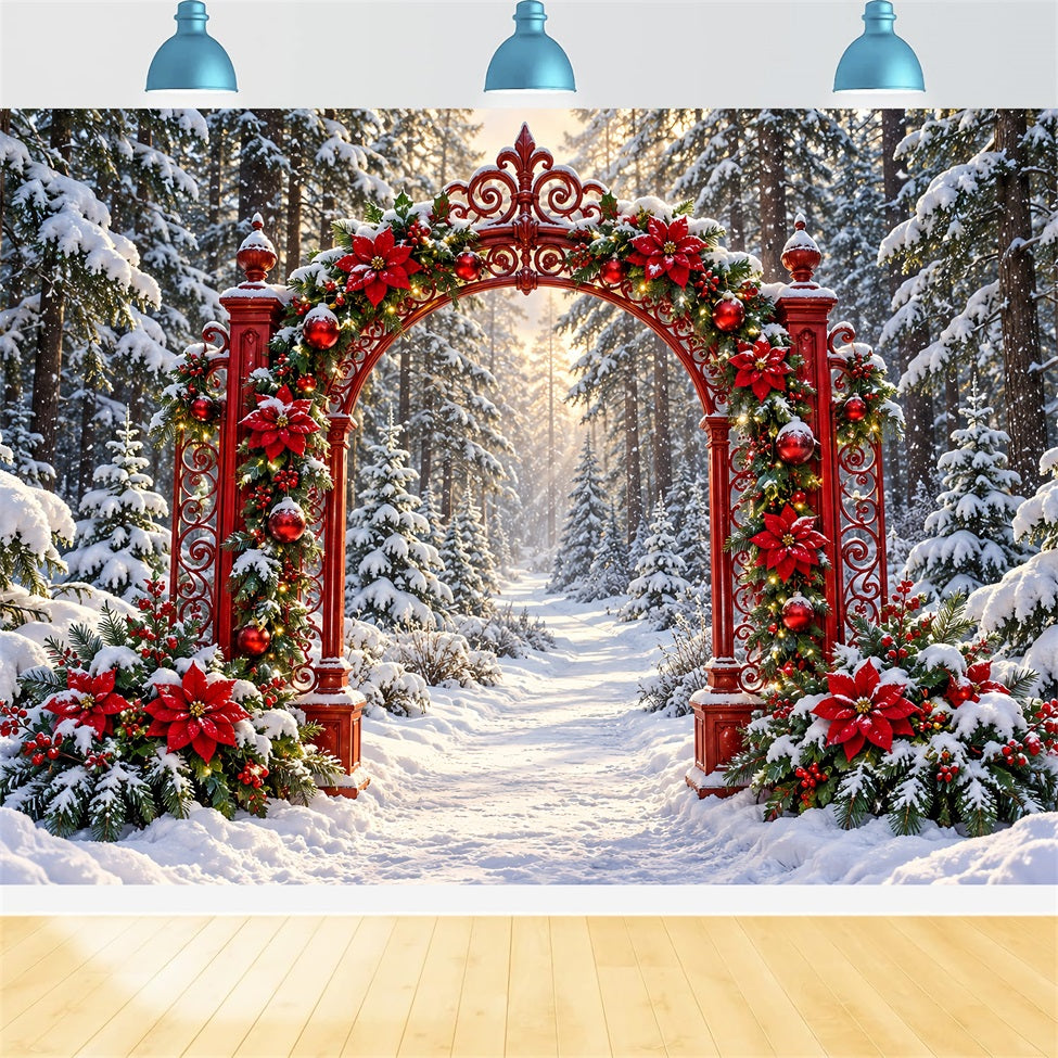 Snowy Christmas Backdrop Red Poinsettia Forest Arch Christmas Studio Backdrop UK LXX610-187