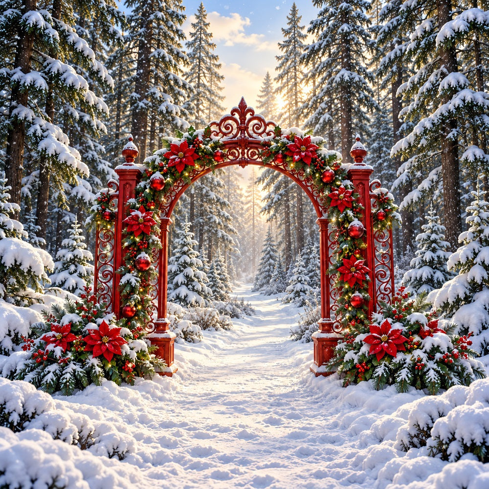 Snowy Christmas Backdrop Red Poinsettia Forest Arch Christmas Studio Backdrop UK LXX610-187