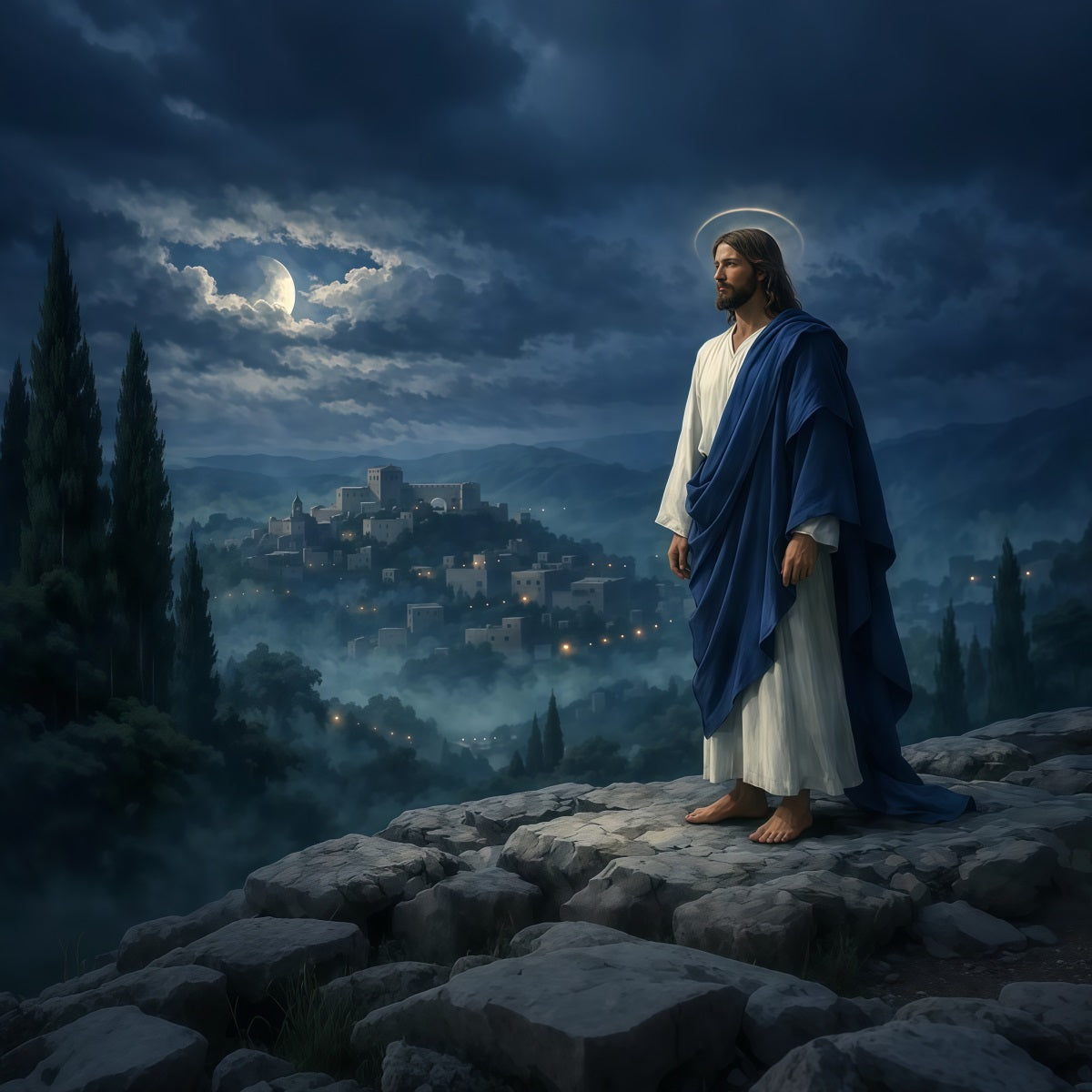 Church Easter Photo Backdrop Moonlit Messiah Mountain Village Easter Backdrop UK LXX62-32