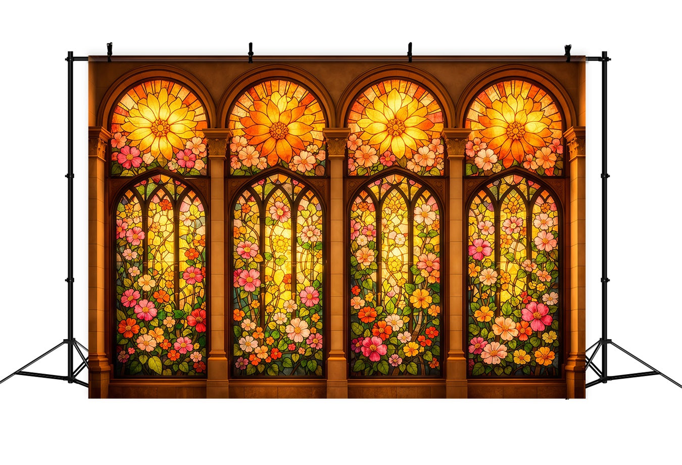 Stained Glass Backdrop Golden Floral Cathedral Windows Easter Photo Backdrop UK LXX62-33