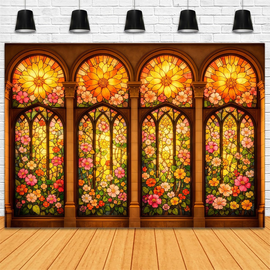 Stained Glass Backdrop Golden Floral Cathedral Windows Easter Photo Backdrop UK LXX62-33
