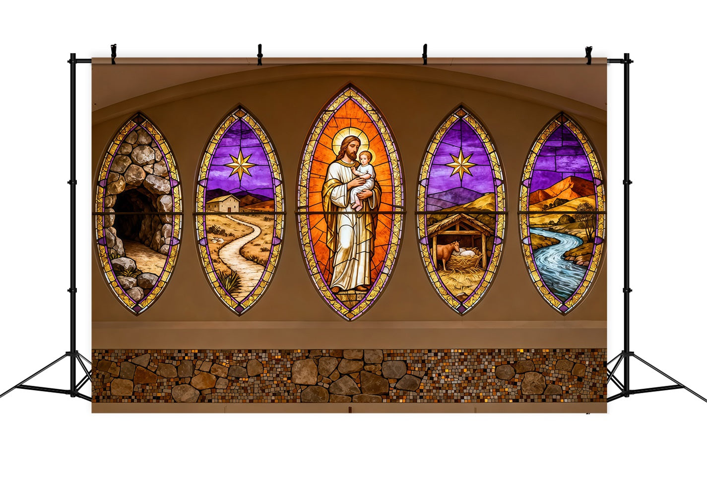 Easter Church Photo Backdrop Resurrection Shepherd Stained Glass Panels Easter Backdrops UK LXX62-35
