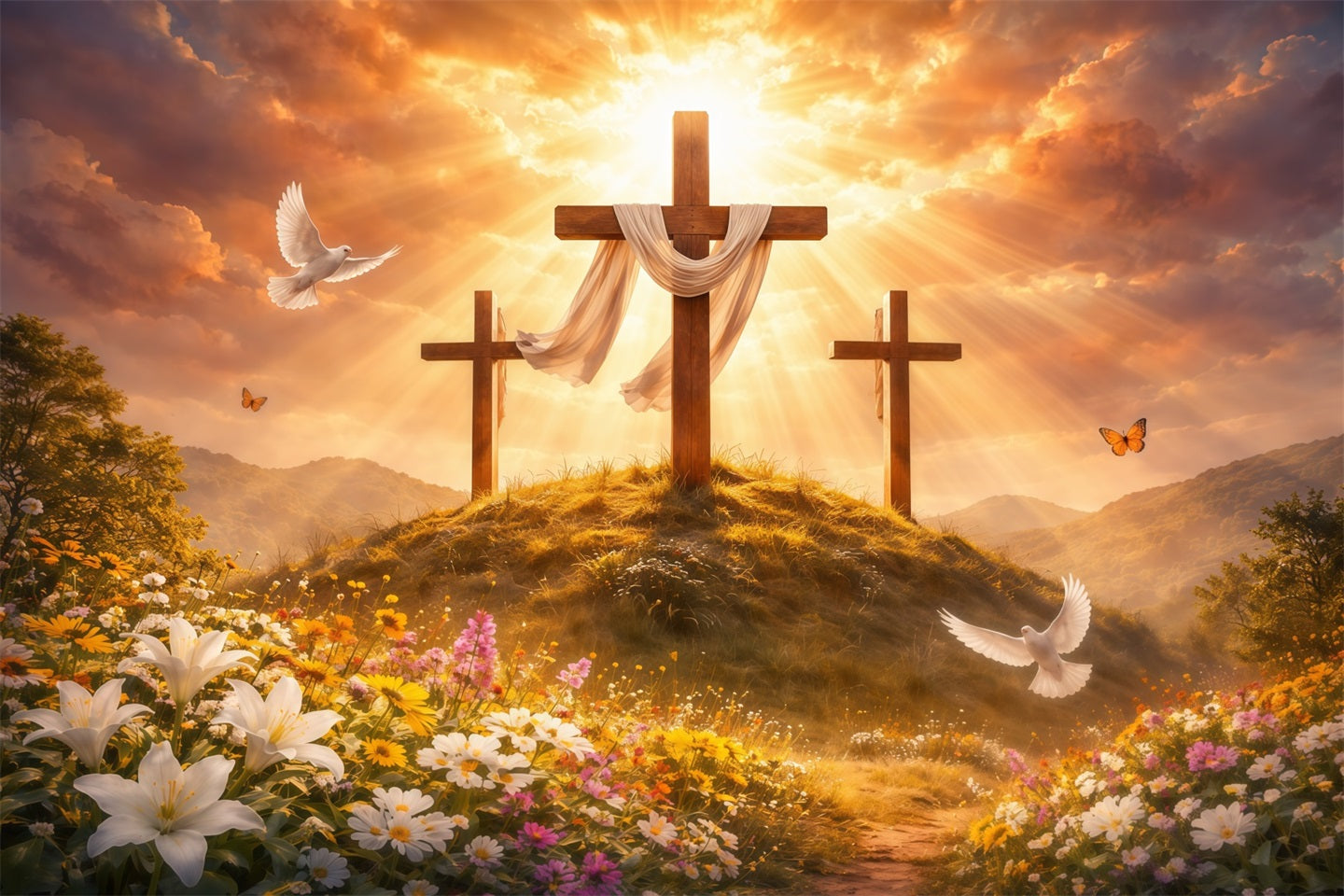 Easter Church Backdrop Golden Glory Three Crosses Meadow Easter Photo Backdrops UK LXX62-38