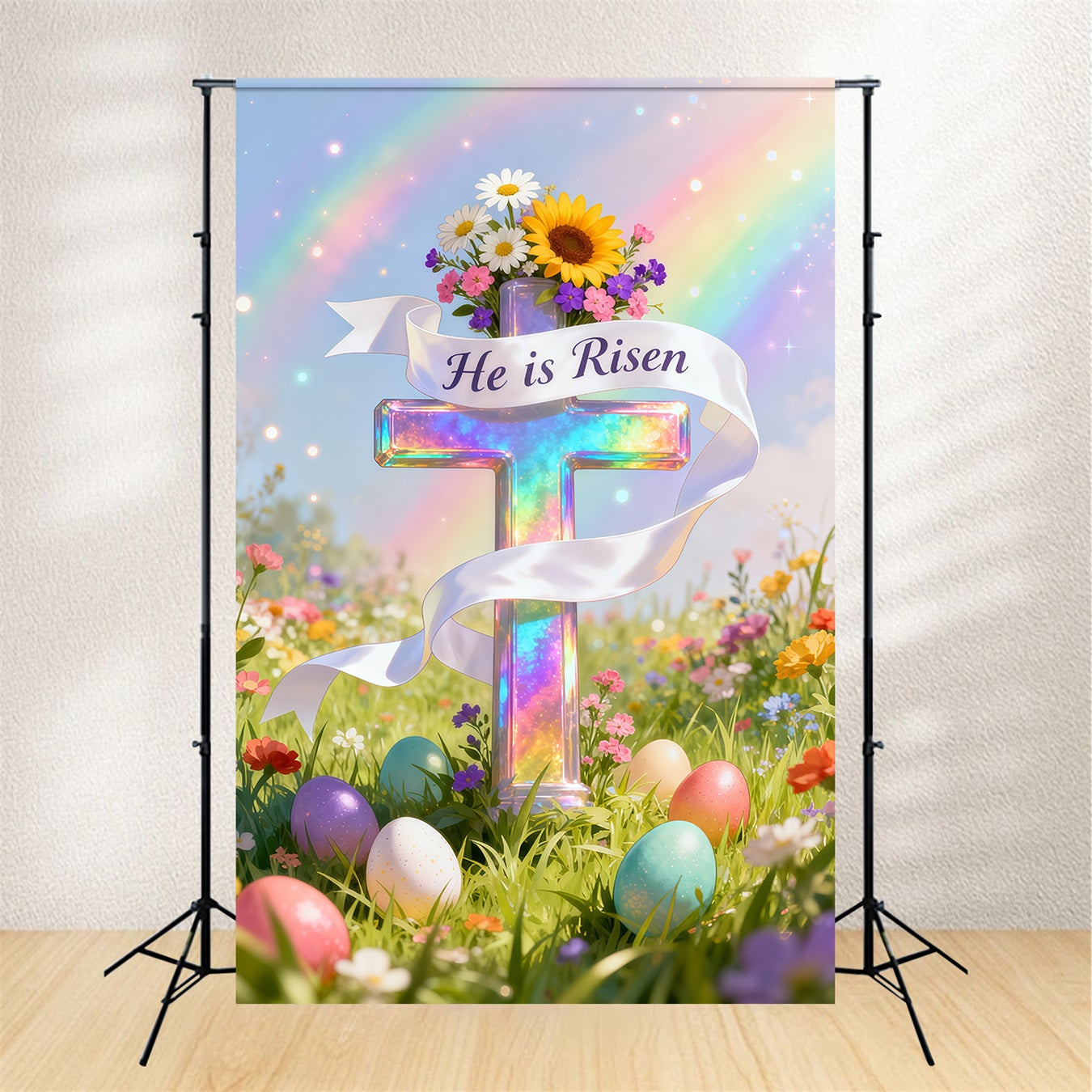 Easter Sunday Backdrop He Is Risen Cross Eggs Easter Photo Backdrop Ideas UK LXX62-43