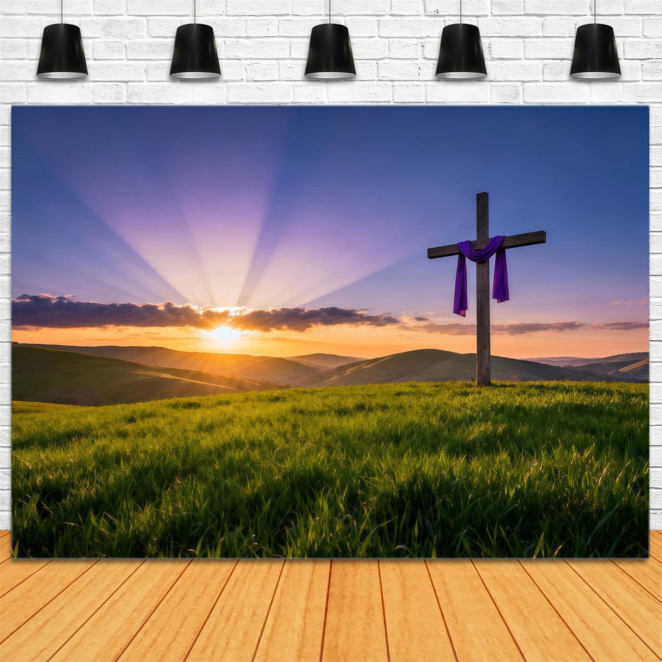 Religious Easter Backdrops Resurrection Sunrise Hill Cross Happy Easter Backdrop UK LXX62-46