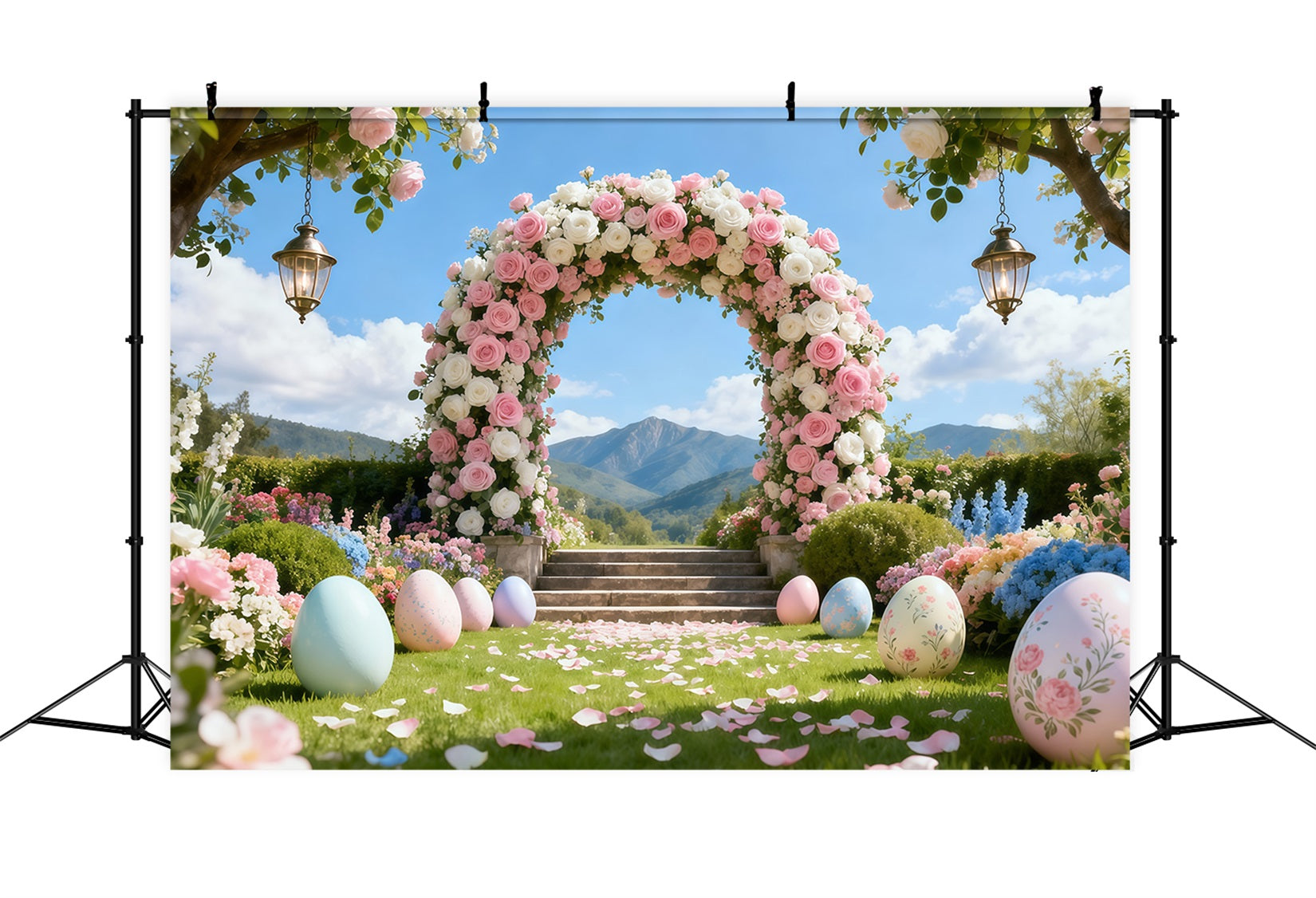 Egg Backdrop Romantic Garden Rose Arch Mountain Landscape Backdrop Easter UK LXX62-50