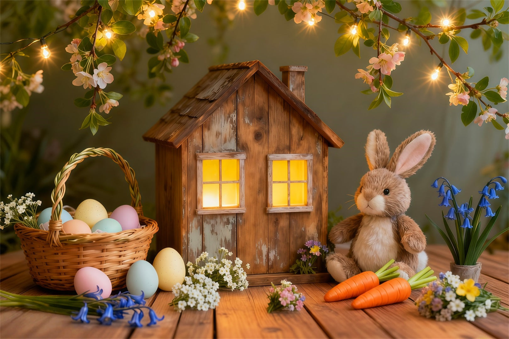 Easter Bunny Backdrop For Photos Rustic Cottage Lights Egg Backdrop For Easter UK LXX62-51