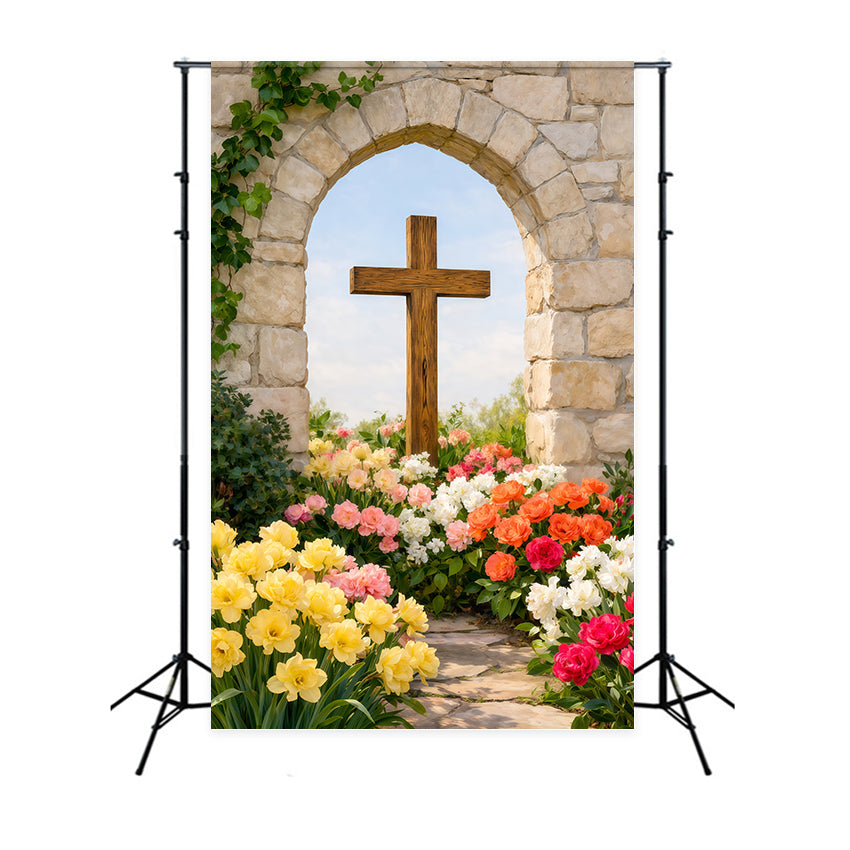 Easter Photo Backdrop Ideas For Church Rustic Arch Cross Floral Path Easter Picture Backdrop UK LXX62-55