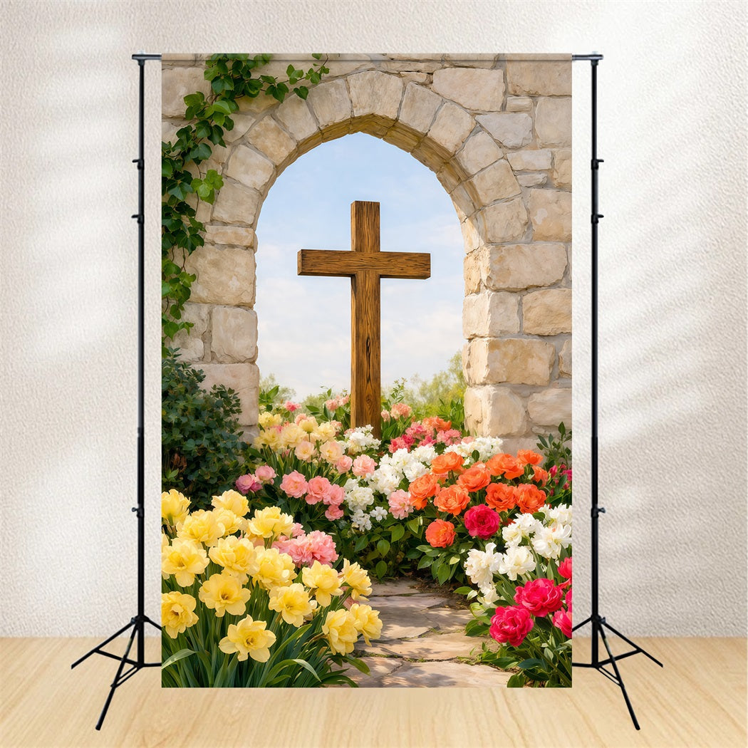 Easter Photo Backdrop Ideas For Church Rustic Arch Cross Floral Path Easter Picture Backdrop UK LXX62-55