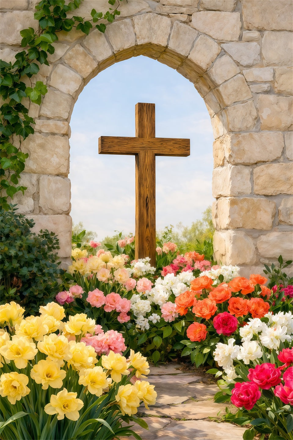 Easter Photo Backdrop Ideas For Church Rustic Arch Cross Floral Path Easter Picture Backdrop UK LXX62-55