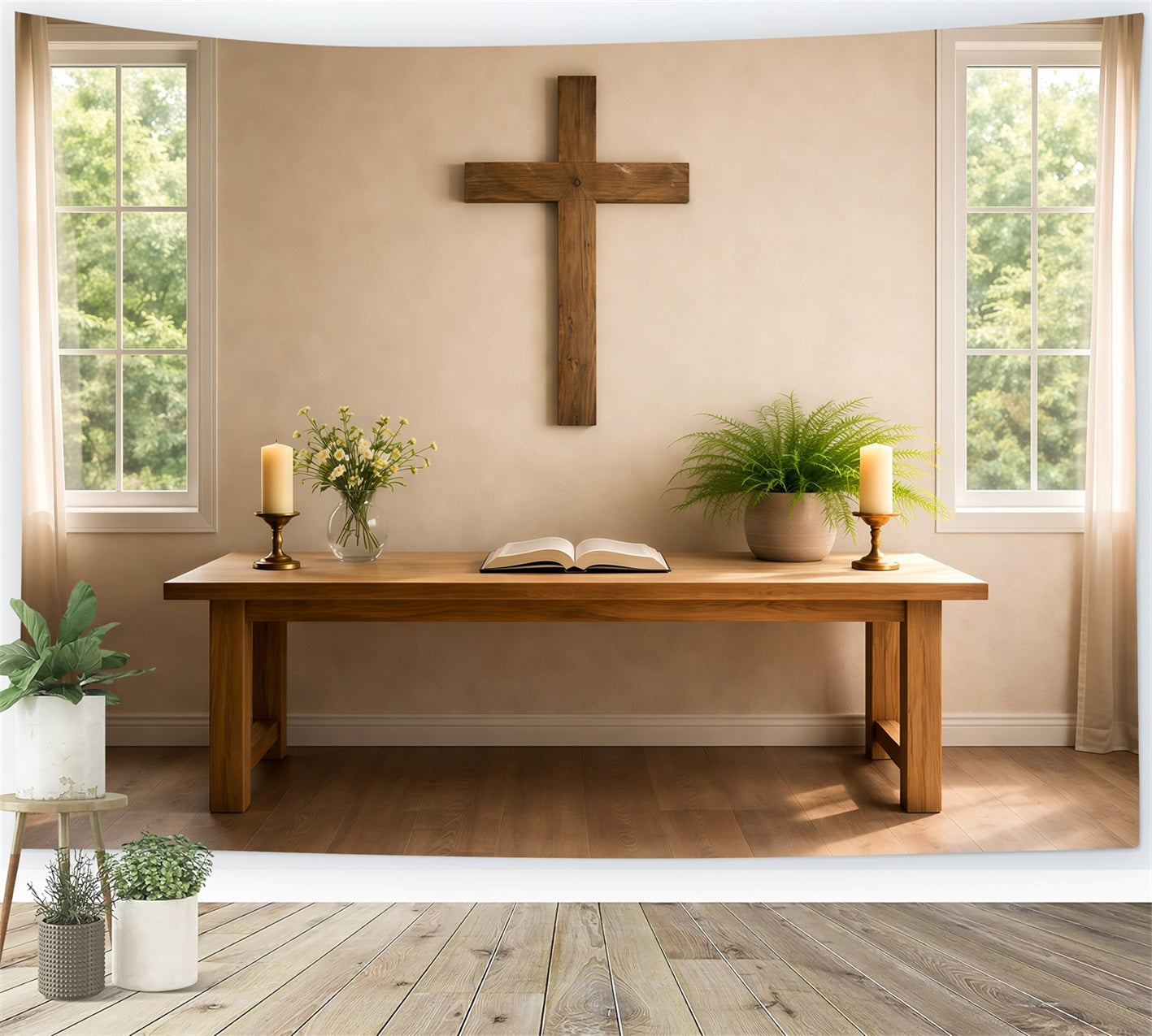 Church Easter Photo Backdrops Minimalist Prayer Table Wooden Cross Backdrops Easter UK LXX62-65