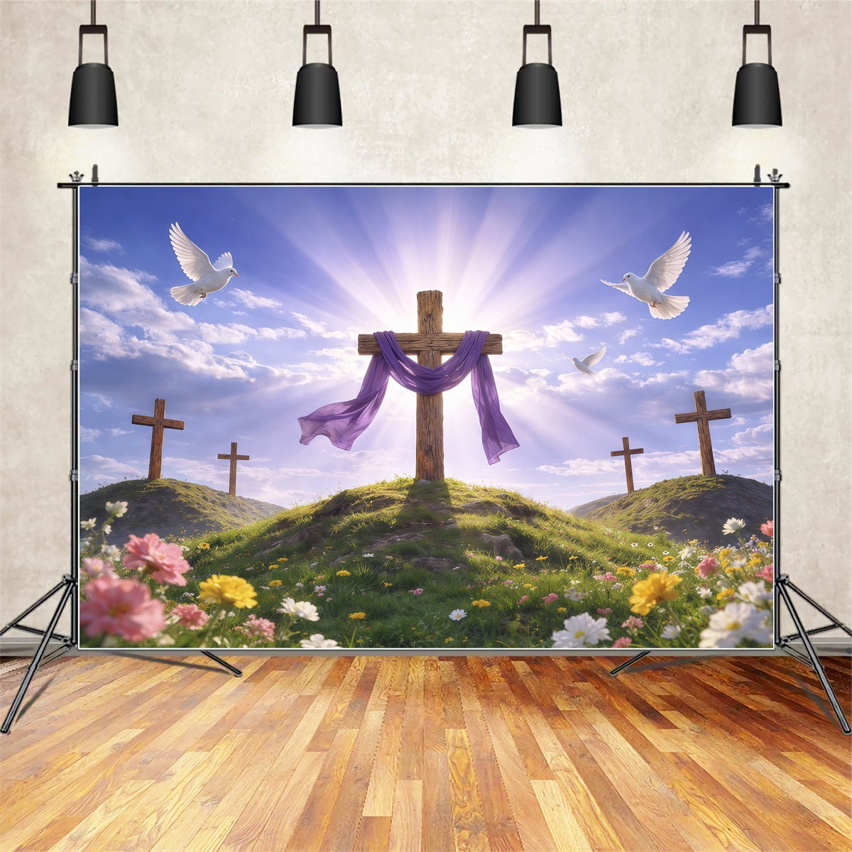 He Has Risen Backdrop Radiant Hilltop Cross Purple Drape Photography Easter Backdrop UK LXX62-67