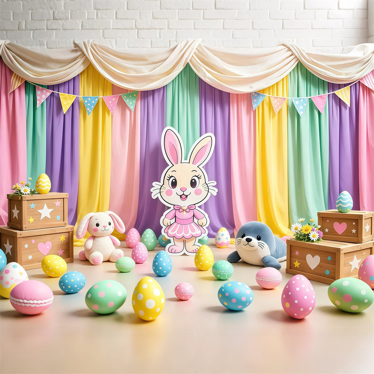 Peter Rabbit Photography Backdrop Pastel Curtain Cartoon Bunny Stage Happy Easter Photo Backdrop UK LXX62-72