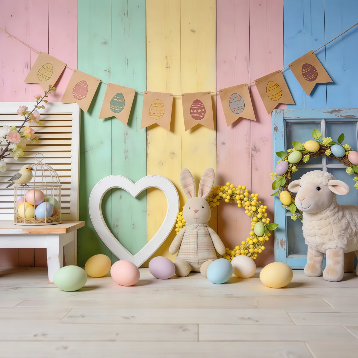 Easter Sunday Backdrop Ideas Pastel Wooden Heart Bunny Decor Photo Backdrops For Easter UK LXX62-74