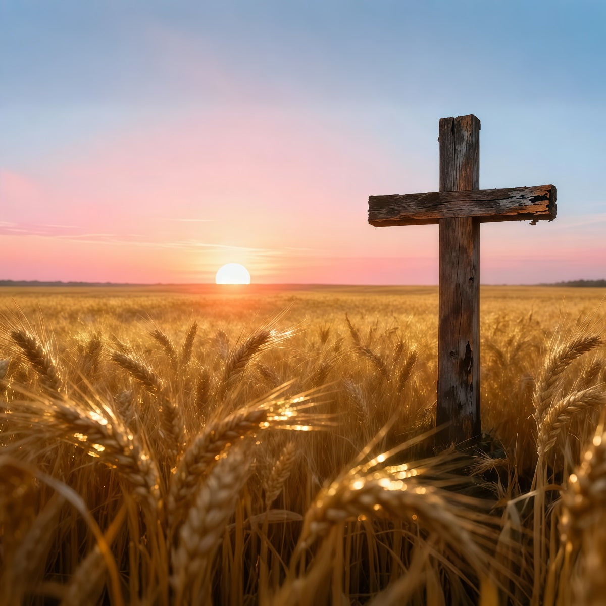 Christian Easter Photo Backdrop Golden Wheatfield Sunset Wooden Cross Simple Easter Backdrop UK LXX62-75