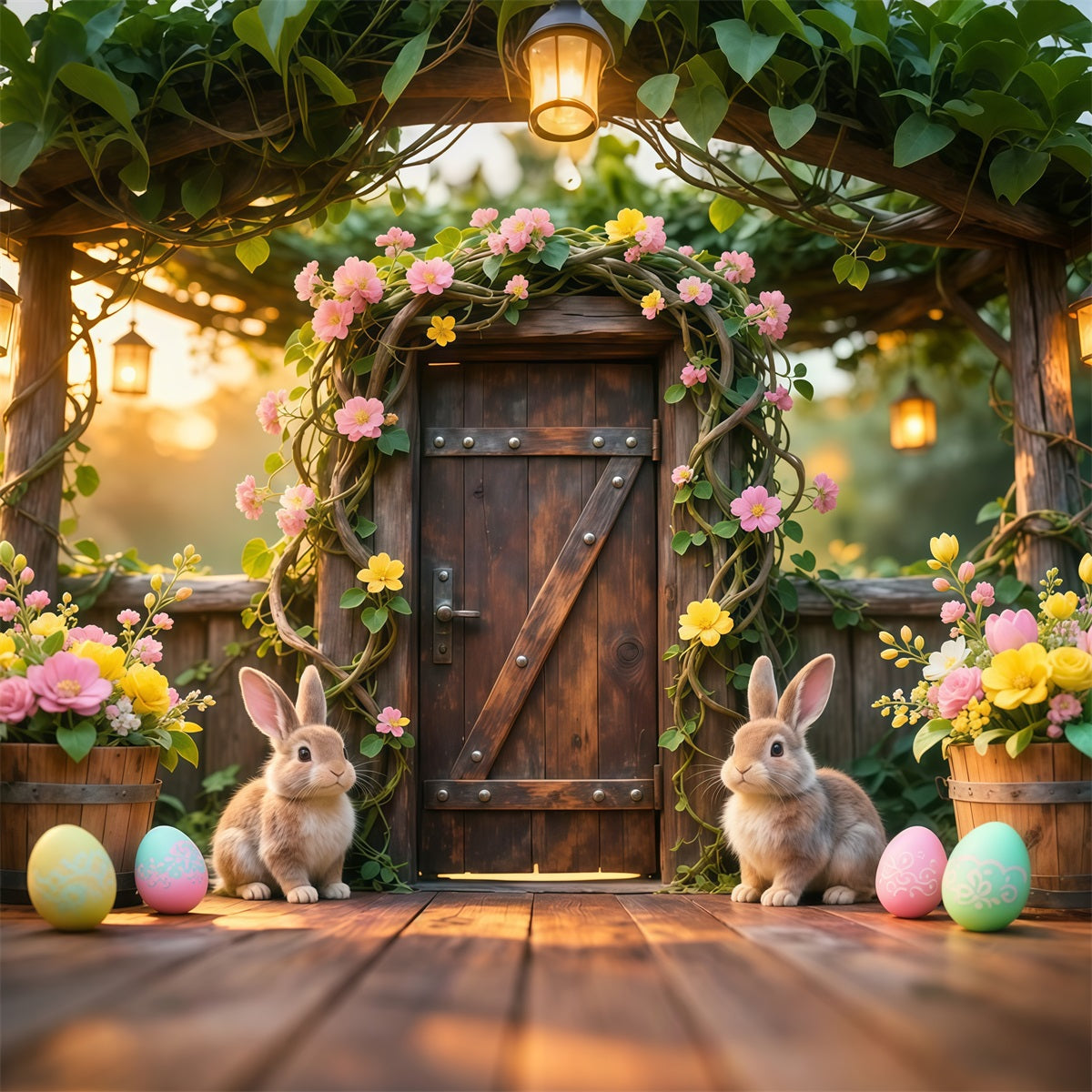 Bunny Backdrop Ideas Rustic Garden Wooden Door Flower 10x10 Easter Backdrops UK LXX62-78