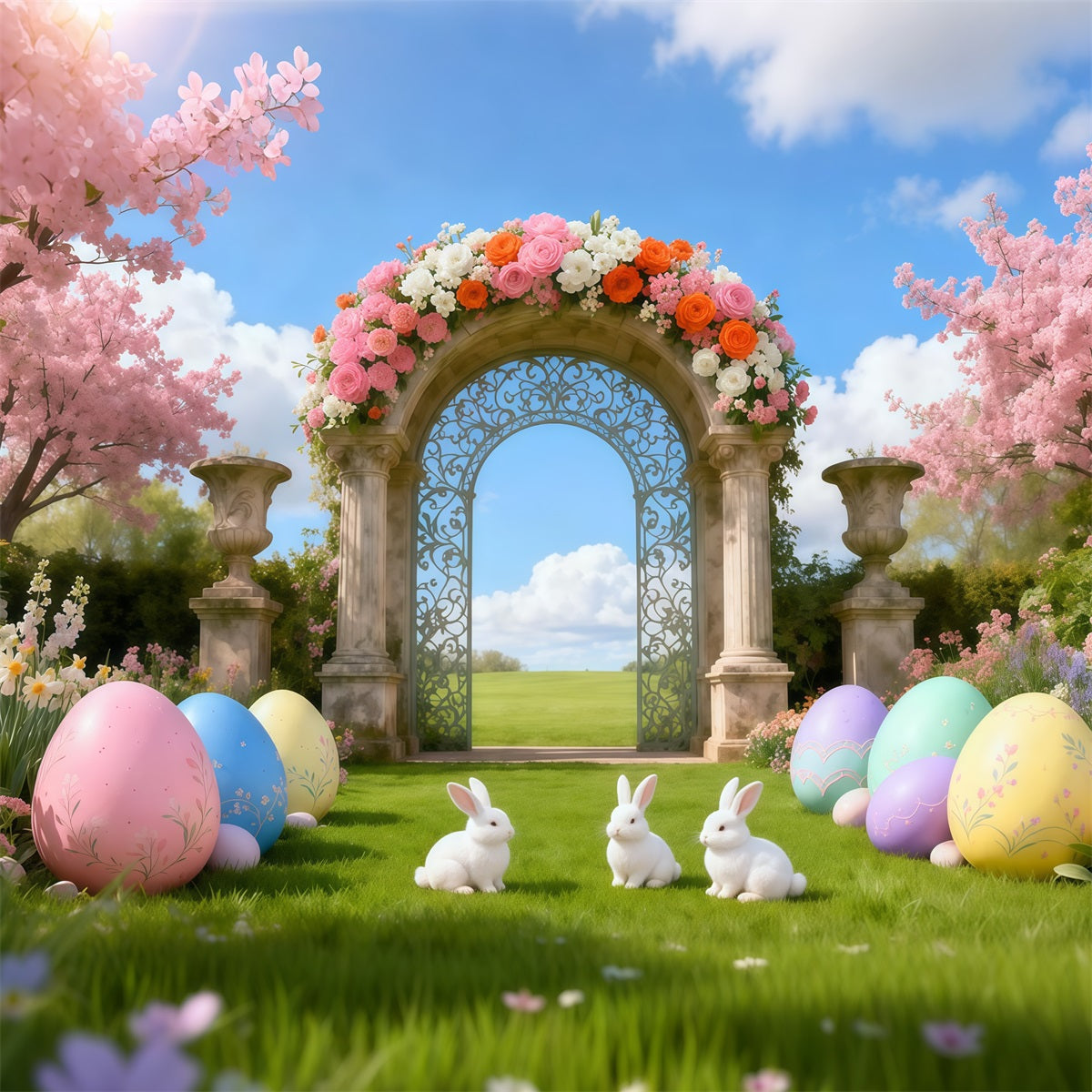 Photography Easter Bunny Backdrop Cherry Blossom Garden Archway Easter Theme Backdrop UK LXX62-81