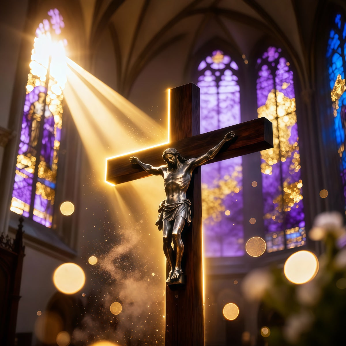 Christian Easter Photo Backdrops Golden Light Cathedral Crucifix Photo Shoot Easter Backdrop UK LXX62-86